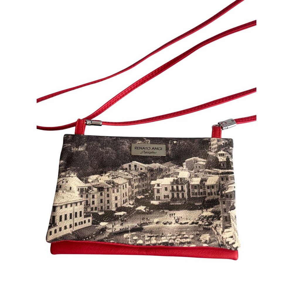 Renato Angi Portofino Italian Leather Crossbody Bag Red Scenic Print